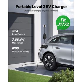 Level 2 EV Charger, 32 Amp Adjustable Current, 240V Electric Vehicle Portable Charger with 25 ft Charging Cable, NEMA 14-50P Plug, LCD Display