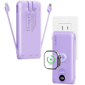 10000mAh Portable Charger with Built-in AC Wall Plug & Cables, 3-in-1 Wireless Power Bank for Apple Watch (Color: Purple)