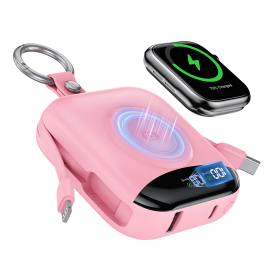 10000mAh Portable Charger, Built-in 2 Cables (Type-C & Lightning),Wireless Magnetic Power Bank for Watch, Mini Power bank (Color: Pink)