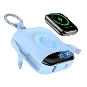 10000mAh Portable Charger, Built-in 2 Cables (Type-C & Lightning),Wireless Magnetic Power Bank for Watch, Mini Power bank (Color: Blue)