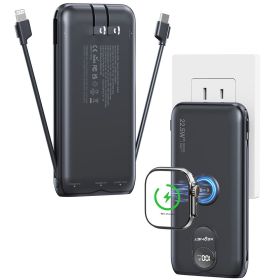 10000mAh Portable Charger with Built-in AC Wall Plug & Cables, 3-in-1 Wireless Power Bank for Apple Watch (Color: Black)