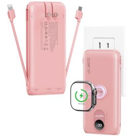 10000mAh Portable Charger with Built-in AC Wall Plug & Cables, 3-in-1 Wireless Power Bank for Apple Watch (Color: Pink)