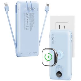 10000mAh Portable Charger with Built-in AC Wall Plug & Cables, 3-in-1 Wireless Power Bank for Apple Watch (Color: Blue)